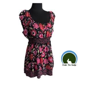 Black & Pink Floral Cap Sleeve Babydoll Top Size Large Y2K Soft Girl Fairy